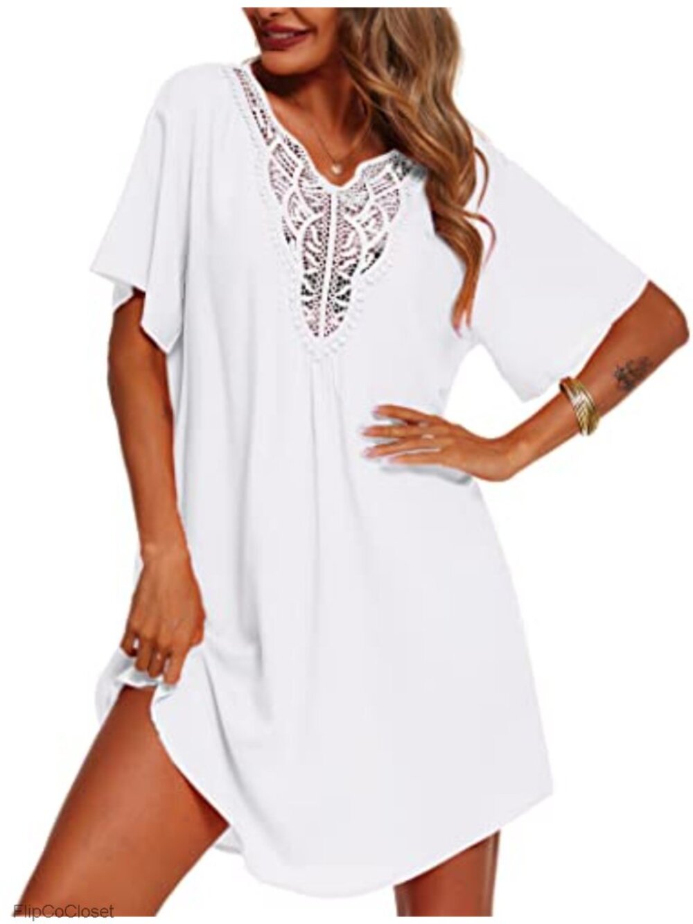 Women's Lace Crochet V-Neck Swim Cover-Up Dress